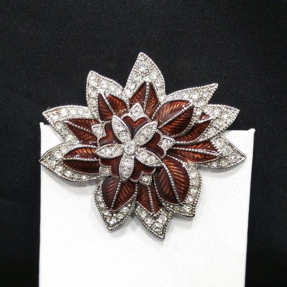 Vintage Monet Bronze Enamel Flower Brooch, Clear Pave Rhinestones - Picture 5 of 10